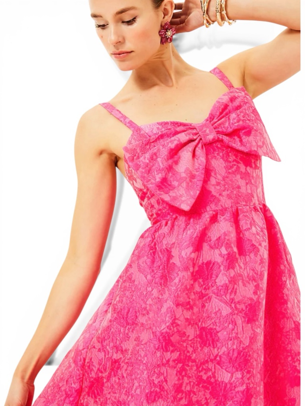 NWT Lilly Pillitzer ELLARA Jacquard Midi Bow Dress, Passion Fuit Pink Leaf 6 - Picture 4 of 7